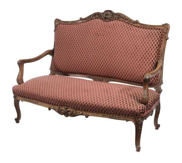 Louis XV Style Carved Walnut: Upholstered Settee late 19th/early 20th century, finely carved walnut frame with leaf and floral crest, cabriole legs and scrolled feet, 45 x 57 x 28 in., excellent condition, light surface wear and f