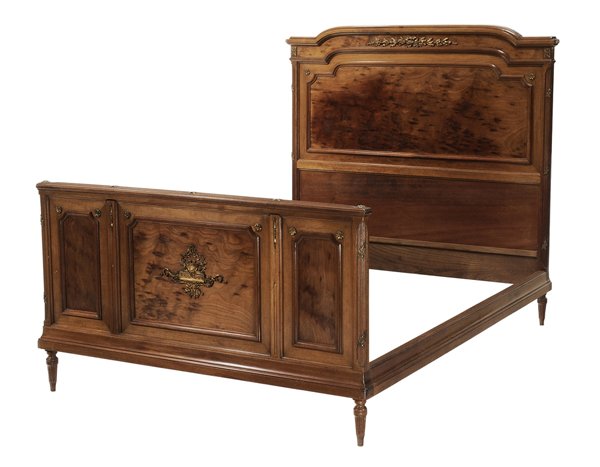 Louis XVI Style Figured Mahogany and: Bronze-Mounted Bedstead French, late 19th century, figured mahogany veneers, leaf, berry and ribbon mounts, 56-1/2 x 57-1/2 x 78-1/2 in. sun fading, otherwise generally good condition, scattered surfa