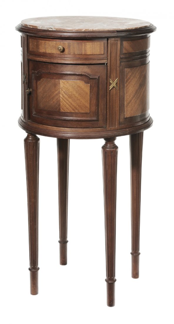 Louis XVI Style Walnut Humidor: 20th century, inset brown and white variegated circular marble top over a single drawer, over a cupboard door with white porcelain-lined interior, raised on three turned tapering fluted legs, 33 x 17