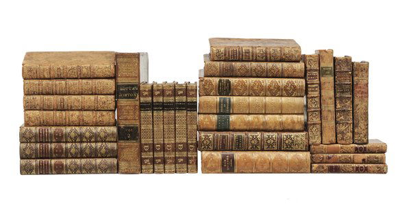 Twenty-Seven Leather-Bound Books: most 19th century: includes three volumes Henry Thomas Buckle, [History of Civilization in England;] 1885, five volumes, Benjamin Thompson, [The German Theater,] London, 1811, all with full tree calf
