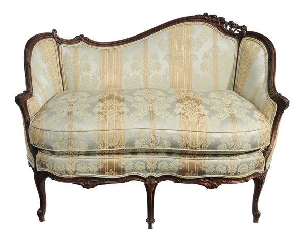 Louis XV Style Carved Mahogany: Loveseat French, late 19th century, floral and foliate carved frame set with fine silk damask upholstery, 35-1/2 x 49-1/2 x 29-1/2 in., frame generally good condition, some distress and minor glue rep