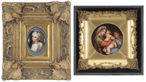 Two Hand-Painted Porcelain Plaques: (Continental, 19th/20th century) Beatrice Cenci, [fleur de lis] stamp with "Firenze", oval 4-3/4 x 3-5/8 in., modern gilt wood frame, [glaze flaw upper left edge;] Madonna del Seddia, after Raphael, s