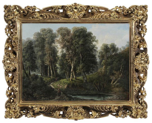 Dutch or British School: (late 19th/early 20th century) Wooded landscape, with figures on a road, unsigned, oil on canvas, 29 x 39 in.; fine 19th century Florentine carved and gilt wood scroll and leaf frame, lined with linen