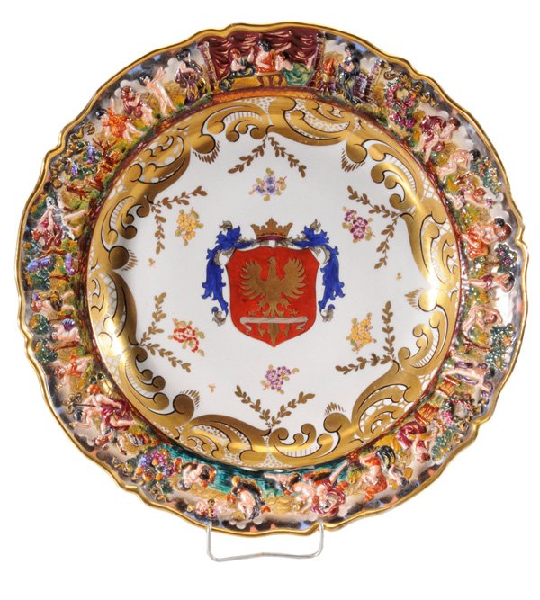 Capodimonte Armorial Charger: Continental, 19th century, extensive gilt decoration, blue crown-over-N mark, 16 in., light wear to gilt rims, otherwise good condition. Provenance: Property of a Tennessee Collector