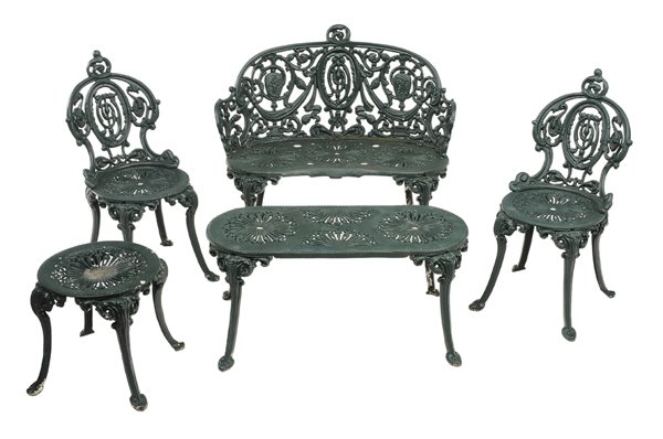 Five Pieces Painted Cast Iron Patio: Furniture 20th century, all with matching openwork seat designs: settee 31 in., pair side chairs 31 in., with matching stool 14-1/2 in., bench 16 in, repainted surfaces with scattered paint losses, co