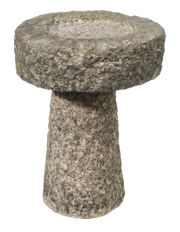 Carved Stone Mushroom-Form Garden: Birdbath probably 19th century, the circular top with rough-carved shallow bowl lifting off a tapered column-form support, 16 x 12 in., rough surface with wear and weathering consistent with age and u