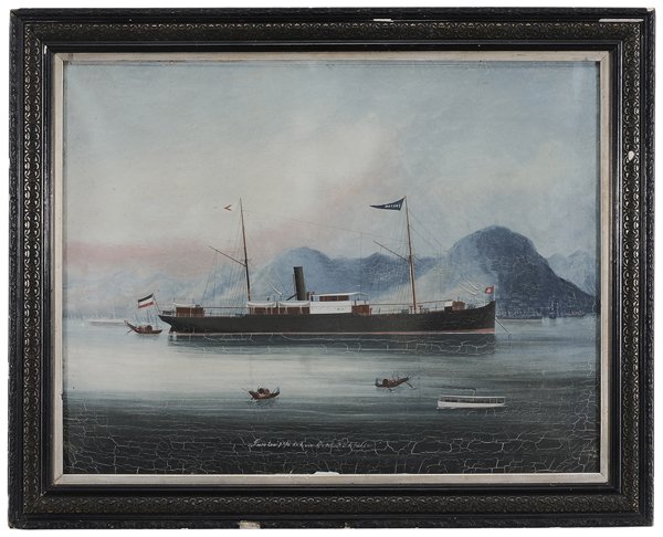 China Trade School: China trade artist of Hong Kong, late 19th century, ship portrait of German steamer [Swatow] of Hamberg, Port of Hong Kong, oil on silk, titled lower center edge, label verso titling vessel, Captain P