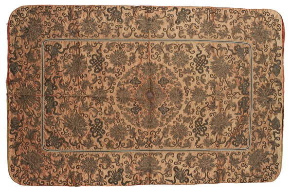 Chinese Embroidered Panel: 19th century or earlier, central medallion with foliate decoration, koi fish and snail motif accents, floral vine border, couched silver metallic thread on peach silk ground, gold damask backing, remn