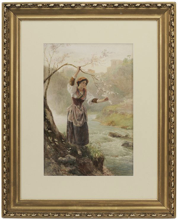 Luigi Olivetti: (Italian, 1856-1941) Woman Holding a Spring Branch, signed lower left "L. Olivetti/Roma", watercolor on paper, 21-3/4 x 14-3/4 in.; gilt wood and composition frame, laid down on card, light fading