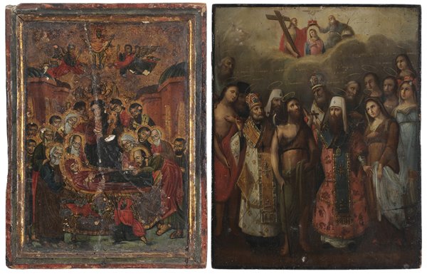 Two Russian Icons: (18th/19th century) The Dormition of the Virgin, tempera with gilding, 13-1/2 x 10-1/4 in., [panel with losses, split, retouch, abrasions, flaking, butterfly repairs verso;] Queen of Heaven, The Mothe