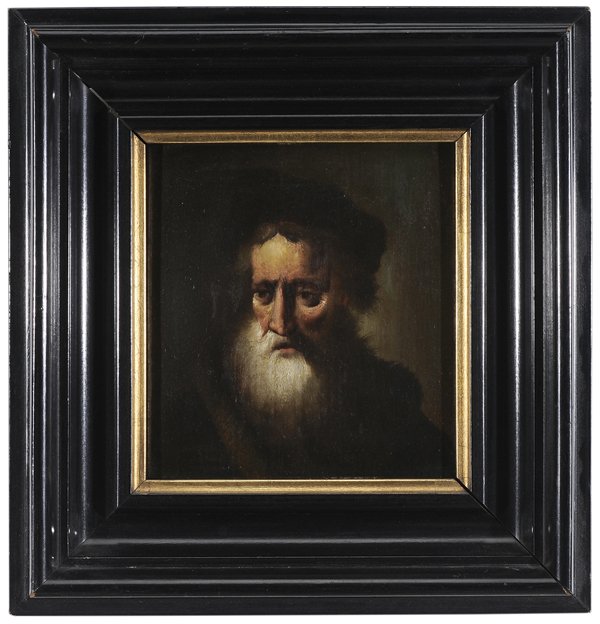 After Jan Lievens: (Dutch, 1607-1674) Portrait of an Old Man in Black Cap, unsigned, oil on oak panel, 7 x 6-1/2 in.; black lacquer frame, panel convex, craquelure, scattered light retouch; frame with abrasions