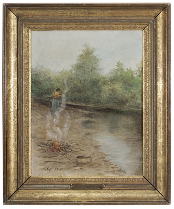 Grace Carpenter Hudson: (California, 1865-1937) Indian Girl and Campfire, inscribed in ballpoint ink verso with "2548", signed lower left "G. Hudson", oil sketch on canvas, 12-3/4 x 10 in.; gilt wood frame, lined with wax an