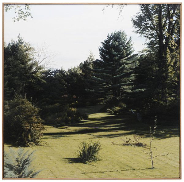 Sarah (Sally Faudie) Supplee: (Massachusetts/Arizona, 1941-1997) Yard, Lincoln, Massachusetts, 1981, signed lower right "Sarah Supplee 1981", oil on canvas, 54 x 54 in.; wood lattice type frame, good condition. Provenance: Hirschl