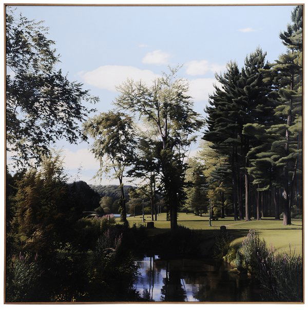 Sarah (Sally Faudie) Supplee: (Massachusetts/Arizona, 1941-1997) City Park, Armonk, New York, 1981, signed lower left "Sarah Supplee 1981", oil on canvas, 72 x 72 in.; wood lattice type frame, good condition. Provenance: Hirschl &