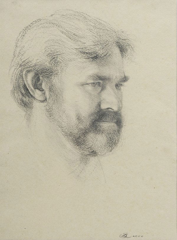 Ben Long: (North Carolina, born 1945) Self-Portrait, monogram lower right and dated "LXXX", charcoal sketch on paper, 13-1/4 x 9-3/4 in. (image); wood frame, smudges to upper left corner, not examined out of fr