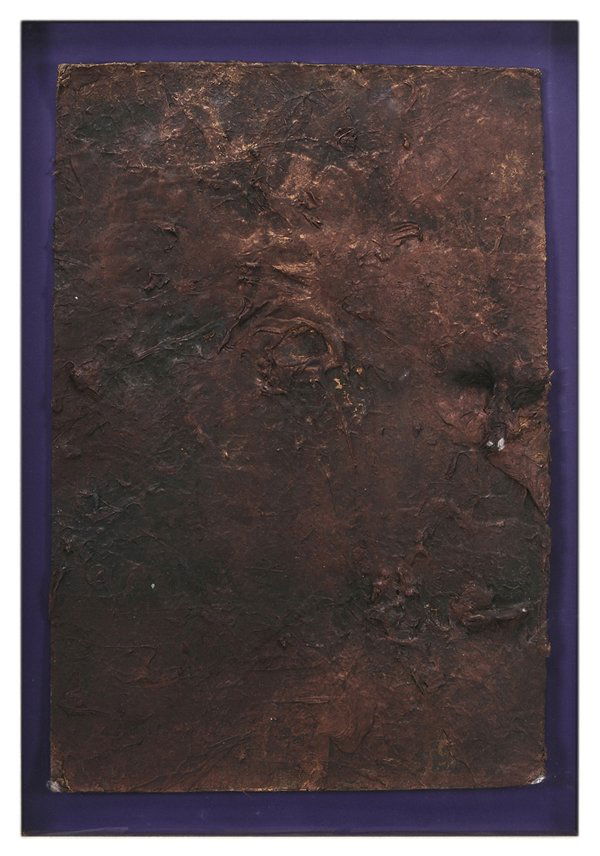 Michael Tracy: (Texas, Born 1983) Drawing IV, 1983, unsigned, identified on label verso, acrylic on Mexican board with oil, 48-1/2 x 36 in.; original modern frame, floated, mildew under glass right side, bottom left