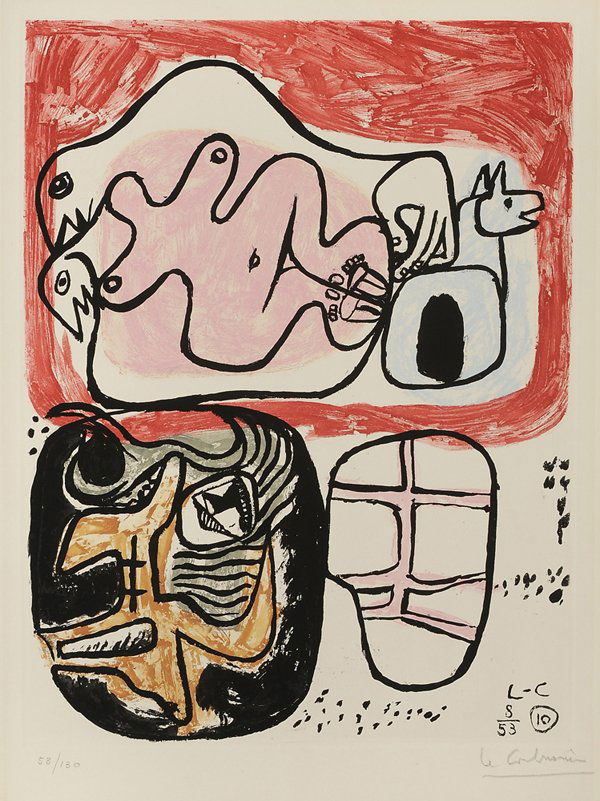 Le Corbusier: (Swiss/French, 1887-1965) Plate No. 10 from [Unite,] edition 58/130, published by A.C. Mazo, Paris, signed in pencil lower right "Le Corbusier", aquatint on colors on Rives paper, 16-3/8 x 12-1/2 in.