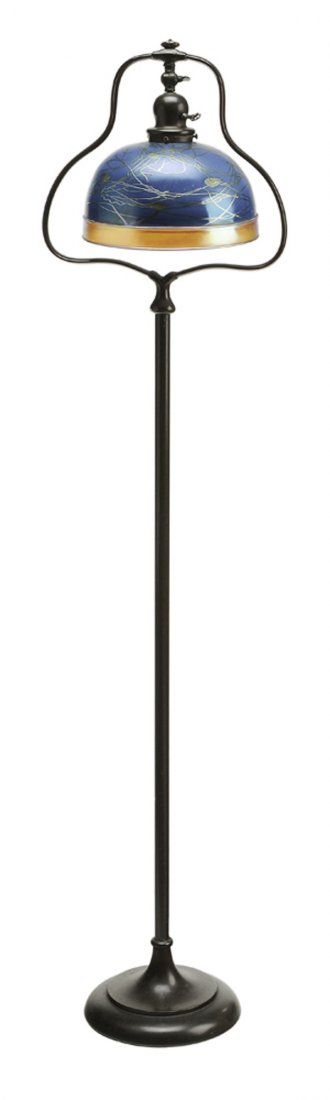 Handel Bronze Floor Lamp With Art: Glass Shade early 20th century, patinated bronze, felt on base of lamp with fabric tag "Handel Lamps", fine blue and amber iridescent shade, 57-1/4 x 13-1/2 in., unmarked shade with two tiny chips at 