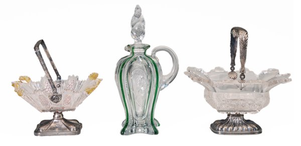 Two Fine Silver-Mounted Glass Baskets: With Decanter silver with marks for Netherlands, 1842, .833 fine with export mark: one cut with amethyst and yellow decoration, 7-1/2 in., [chips and losses especially at corners, tarnish;] one clear 