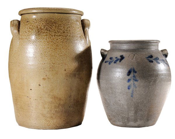 Two Early Earthenware Vessels: American, 19th century, comprising a cobalt-decorated salt-glazed stoneware one-gallon jar with two handles, 12-1/4 x 8-3/4 in., [one side with large area of kiln debris, otherwise generally good cond