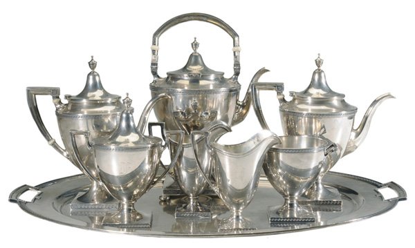 Eight-Piece Gorham Sterling Tea: Service, Tray American, 20th century, urn forms with Greek key borders, marks for Gorham, 12 in. hot water kettle with matching teapot, coffeepot, covered sugar, two creamers, waste and 25-1/4 in. two