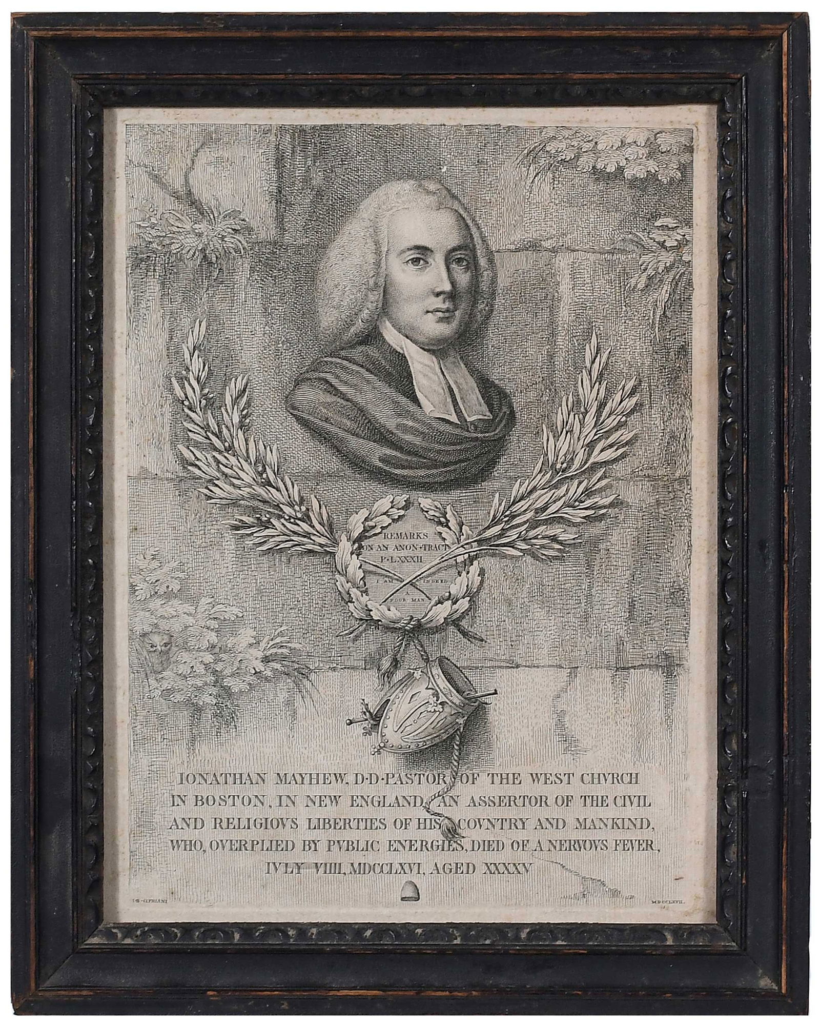 Boston-related print by Giovanni Battista Cipriani after John Singleton Copley: (British, 18th century) Jonathan Mayhew, D.D. Pastor of the West Church in Boston, in New England an Assertor of the Civil and Religious Liberties of his Country and Mankind, who, Overplied by Public