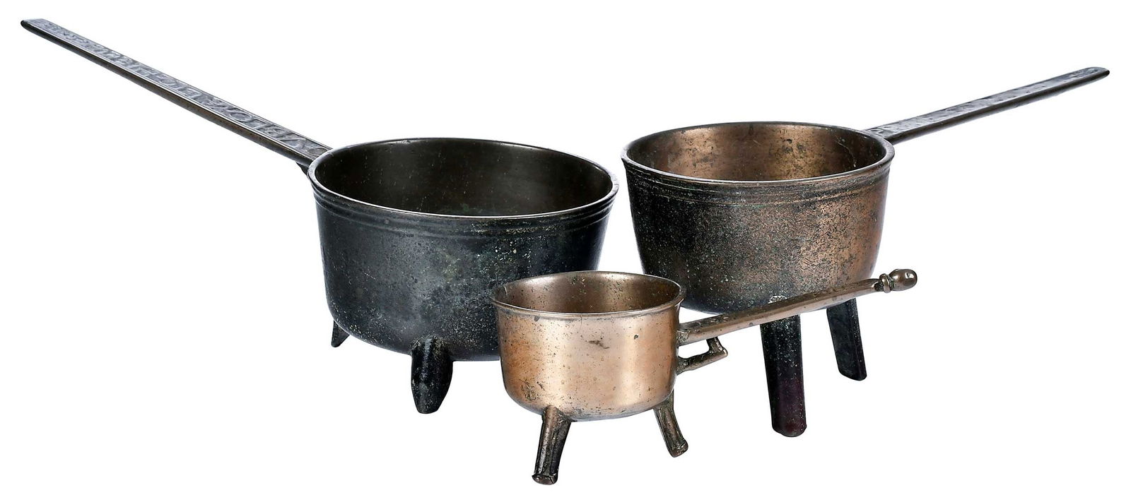 Three Leaded Bronze Posnet Pots with Impressed Handles: British, 17th century, each tripod basin with tapered handles, one impressed "Edmond (?) Giles", one impressed "Praies God for all", and one impressed "C.V.B. loyal to his magiste", smallest 4 x 9-3/4