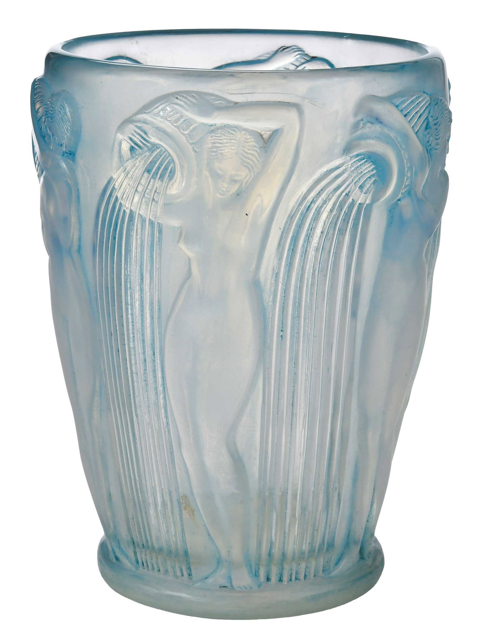 Rene Lalique 'Danaides' Blue Patina Glass Vase: France, 20th century, molded opalescent glass with impressed female water bearers, acid etched, inscribed at base "R. Lalique/France", 7-1/4 x 5-5/8 x 5-5/8 in. Provenan