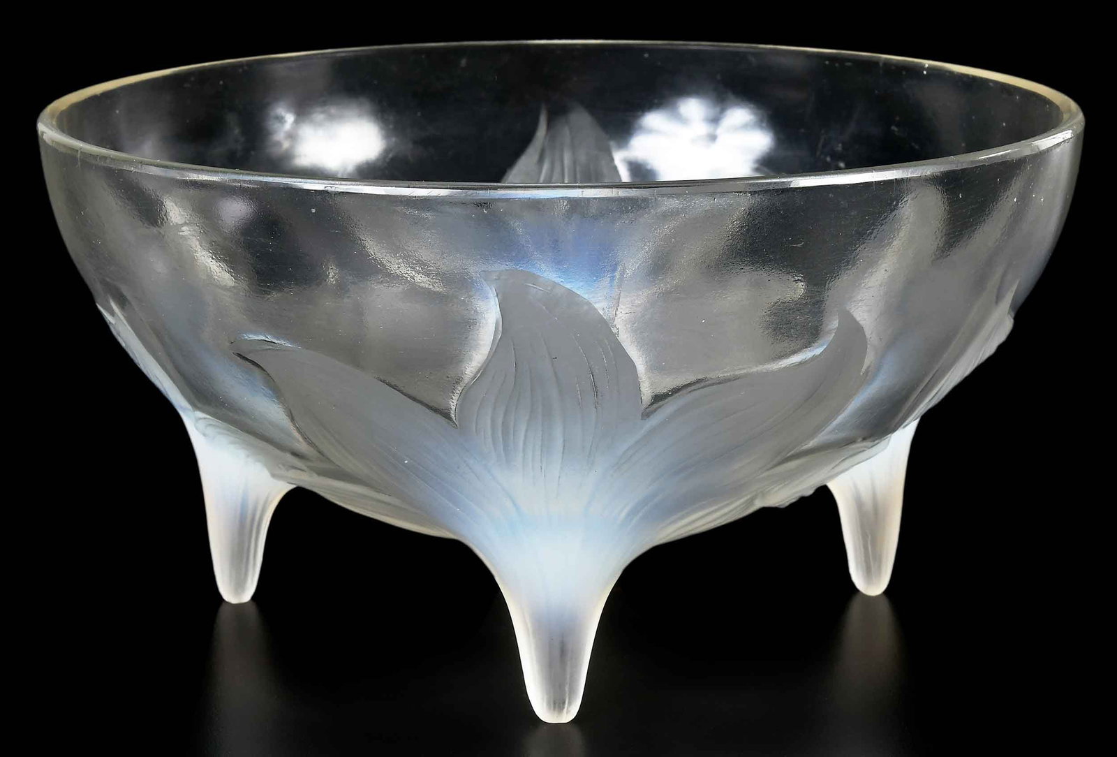 Rene Lalique 'Lys' Glass Footed Bowl: France, first half 20th century, molded opalescent glass with impressed floral decoration of lilies, acid etched, inscribed "R. Lalique/France" on underside, 4-7/8 x 9-3/8 x 9-1/2 in.&n