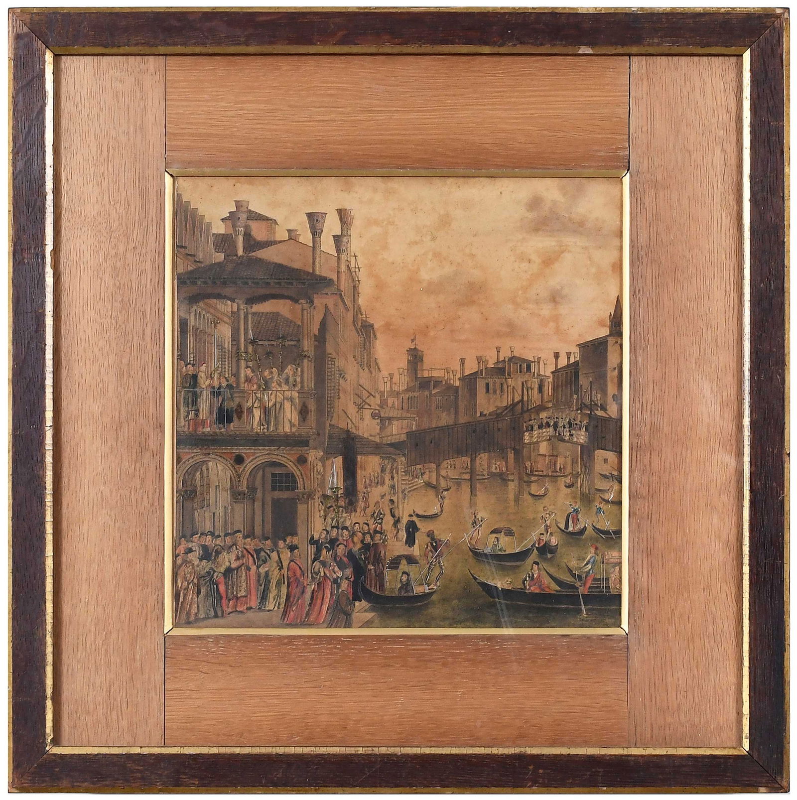 After Vittore Carpaccio: (Italian, 1465-1525) Miracle of the Relic of the Holy Cross at the Rialto Bridge, unsigned, probably 19th century, watercolor and ink on paper mounted to stretched canvas, 9-7/8 x 9-7/8 in.; parc