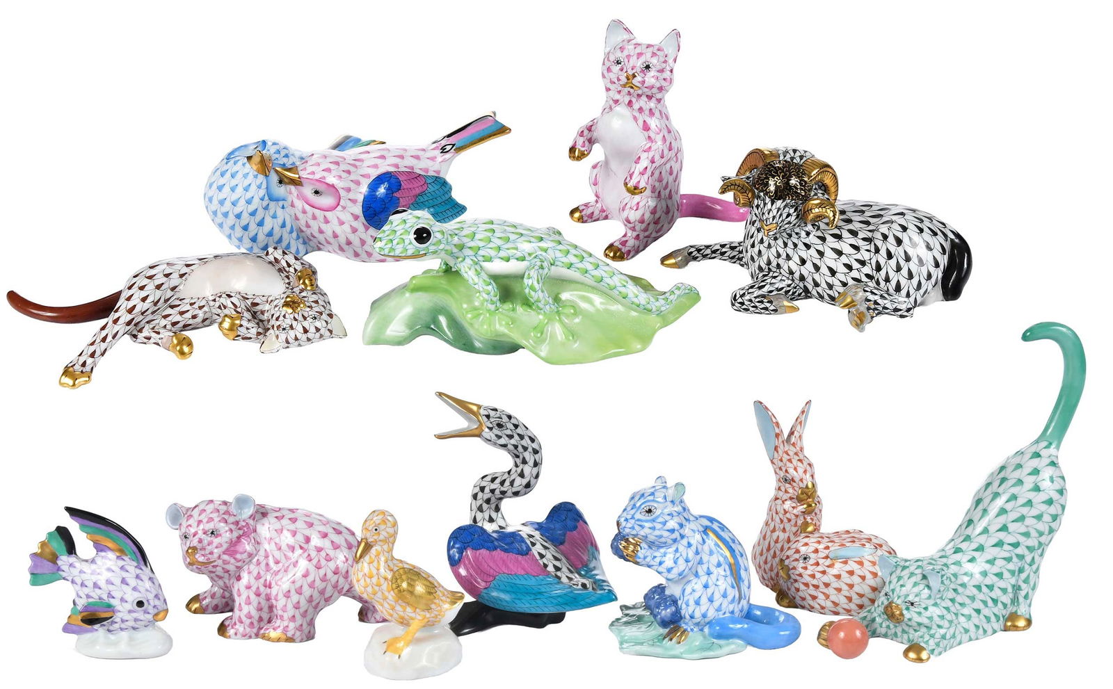 Group of 12 Herend Fishnet Porcelain Animal Figures (1 of 7)