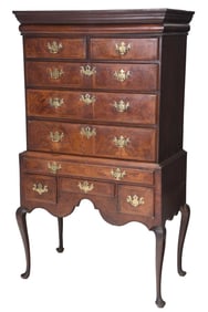New England Queen Anne Figured Walnut Veneered High Chest