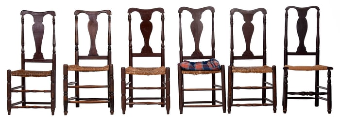 An Assembled Set of Eight New England Queen Anne Paint Decorated Dining Chairs