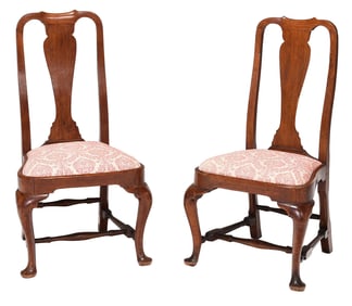 Fine Pair of Massachusetts Queen Anne Walnut Balloon Seat Side Chairs