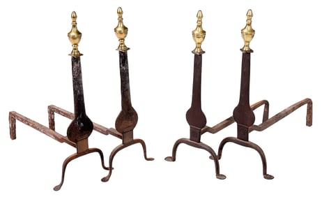 Two Pairs of Knife Blade Brass and Iron Andirons