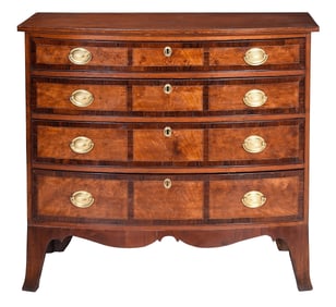 Fine New England Federal Flame Birch Inlaid Bow Front 12-Panel Chest