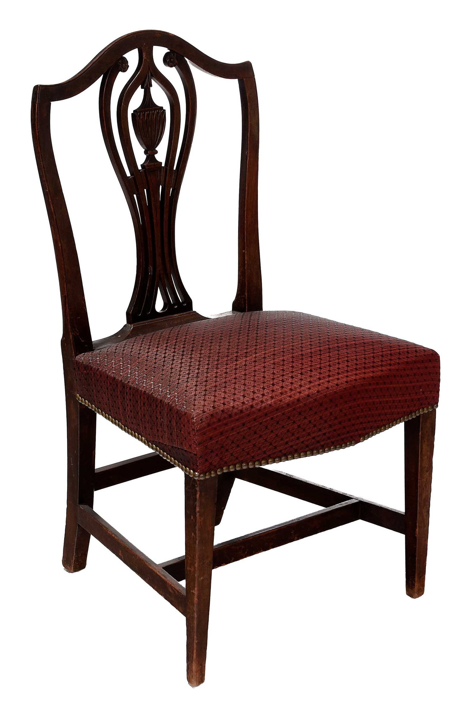 New England Federal Urn Carved Mahogany Dining Chair: Rhode Island or Connecticut, 1790 to 1810, retaining an old, probably original surface with urn and rosette carved back, serpentine front seat rail over the rail upholstery with brass tacking, 38-1/2 