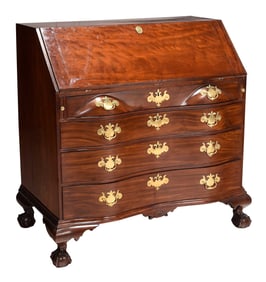 New England Chippendale Carved and Figured Mahogany Serpentine Desk