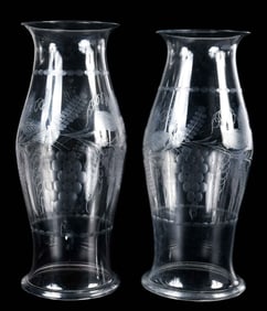 Large Near Pair of Intaglio Glass Hurricane Shades