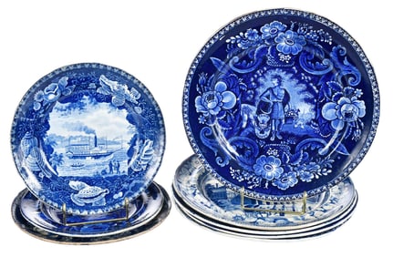 Eight Historical Blue Staffordshire Plates with American Scenes