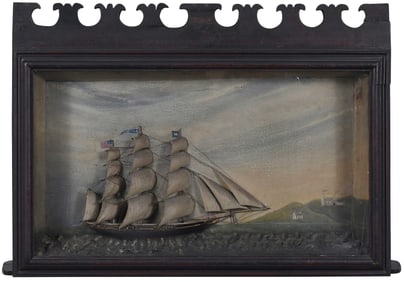 New England Folk Art Framed Ship Diorama