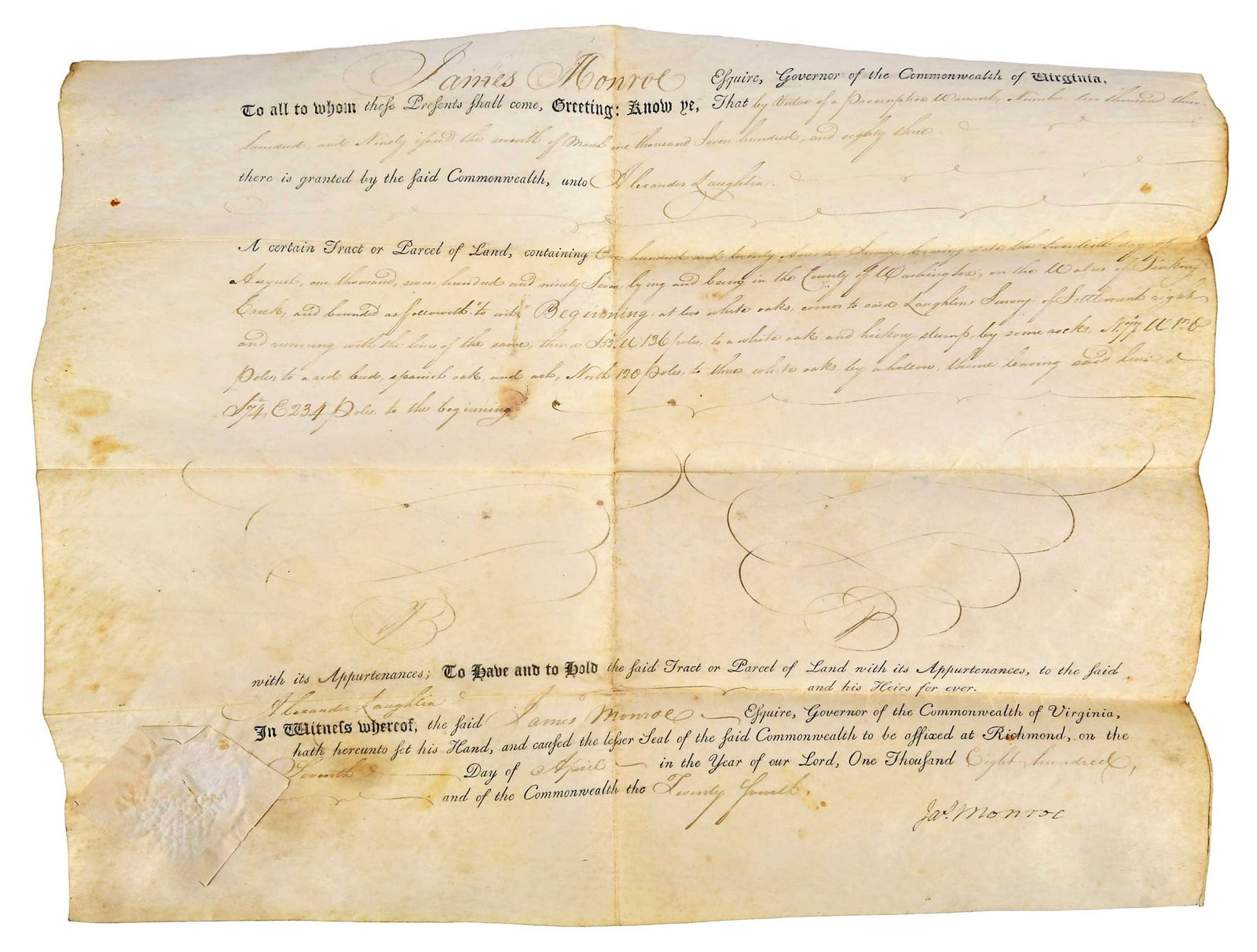 1800 Virginia Land Grant, Signed by James Monroe (1 of 10)