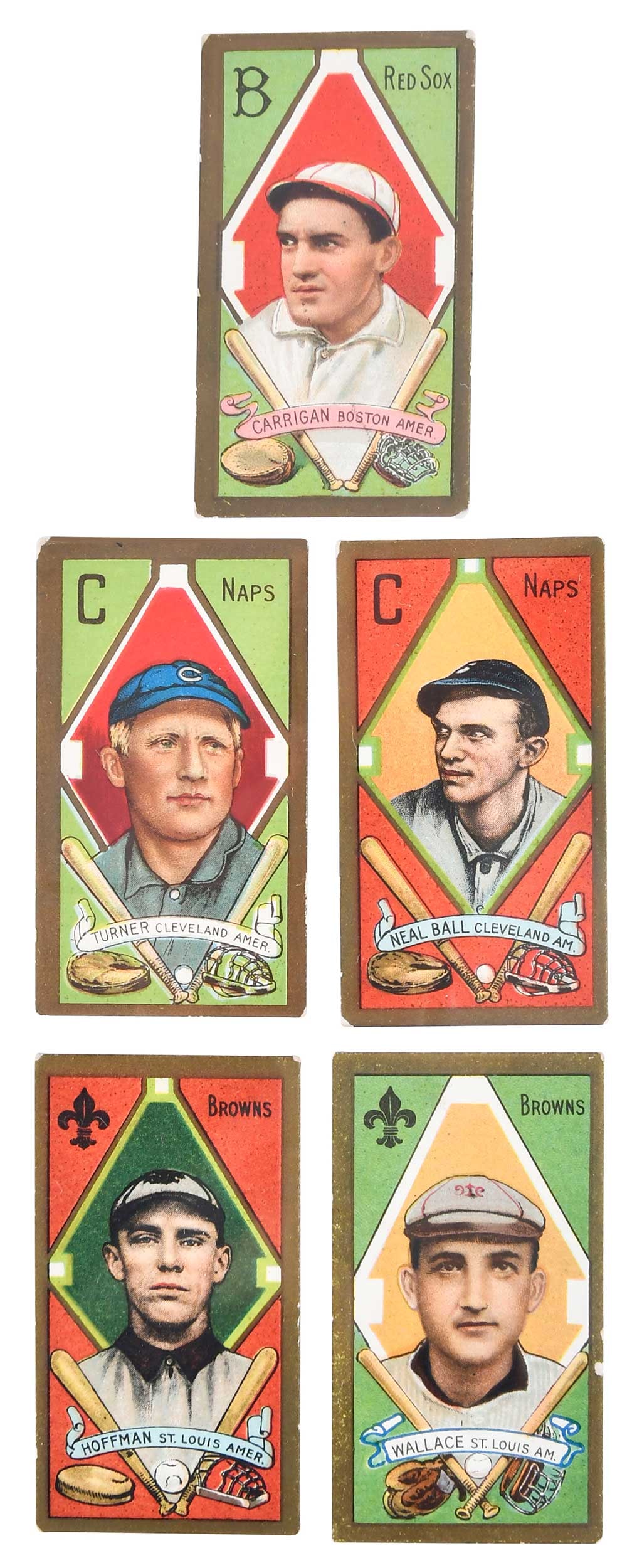 Five T205 Gold Border Cards of Red Sox, Browns, Naps: Carrigan, Ball, Turner, Hoffman, Wallace Provenance: Stokes Collection, Spartanburg, South Carolina *Please note that raw (ungraded) cards are being offered from this collection which was assembled pr