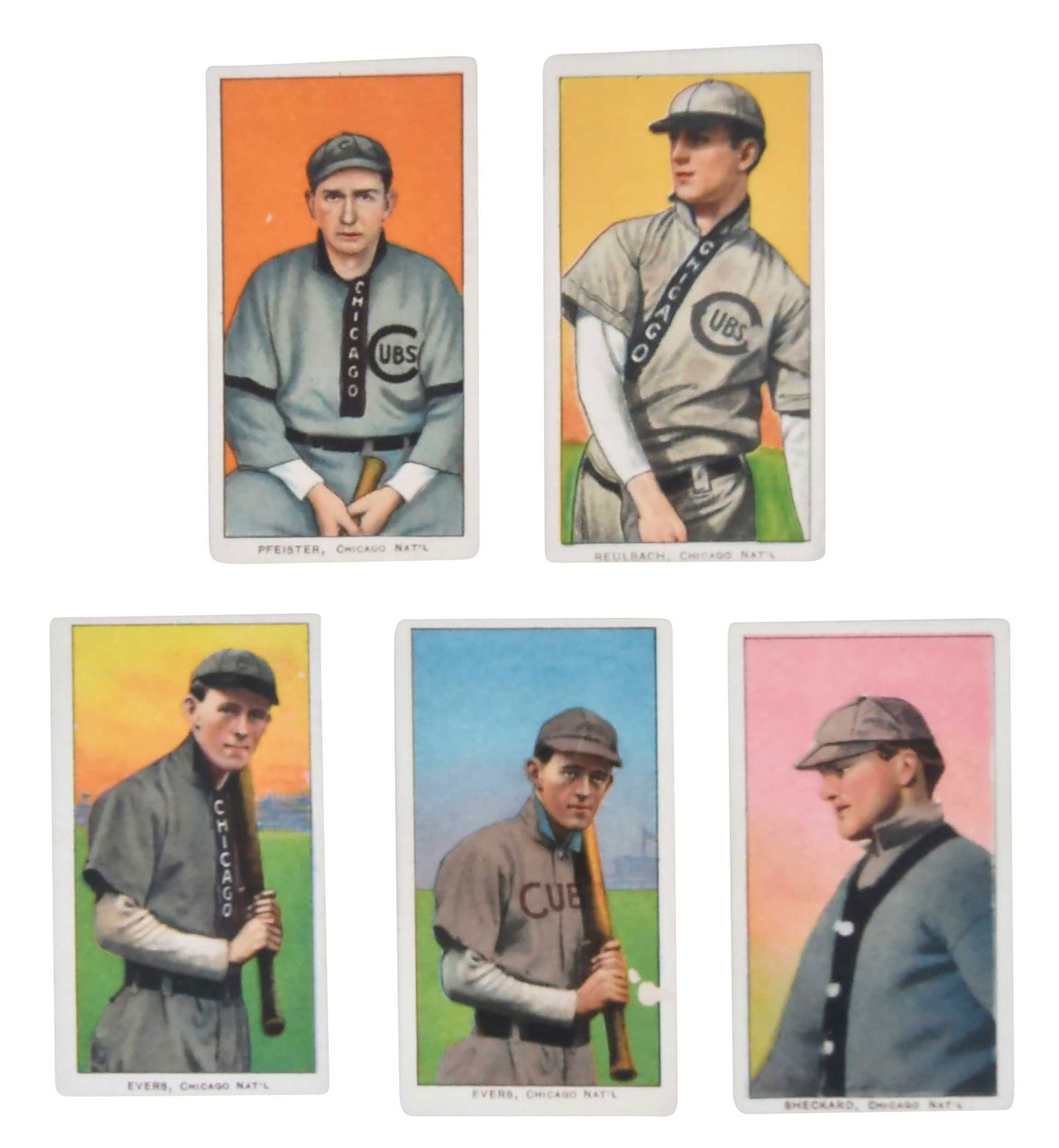 Five T206 Cards of Chicago Cubs (N.L.), Group 1, with Evers (1 of 6)