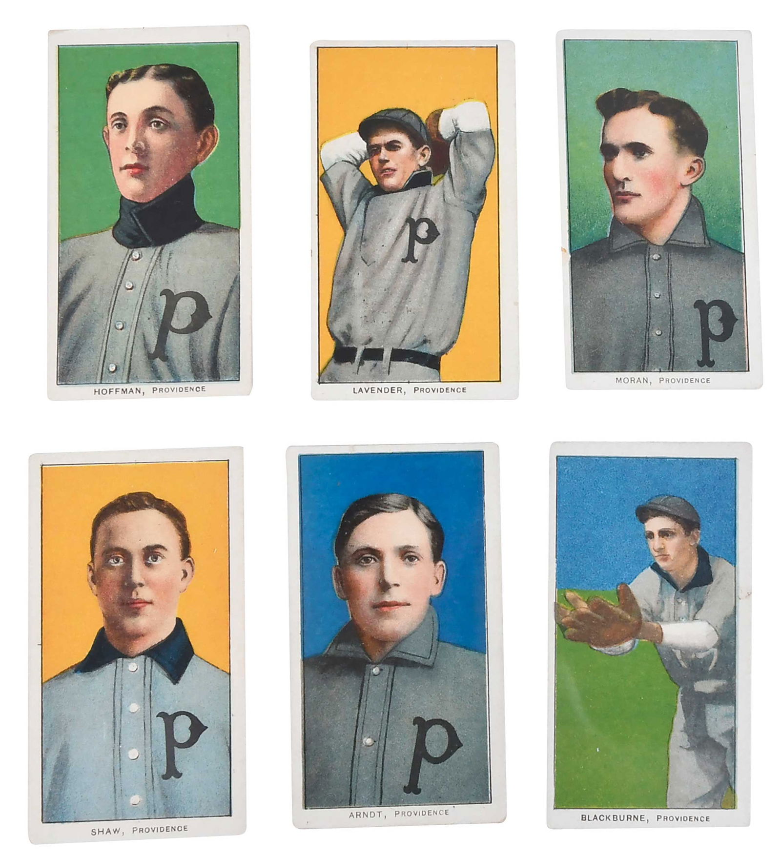 Six T206 Cards of Minor Leaguers: Providence: Moran, Arndt, Shaw, Blackburne, Hoffman, Lavender Provenance: Stokes Collection, Spartanburg, South Carolina *Please note that raw (ungraded) cards are being offered from this collection which was ass