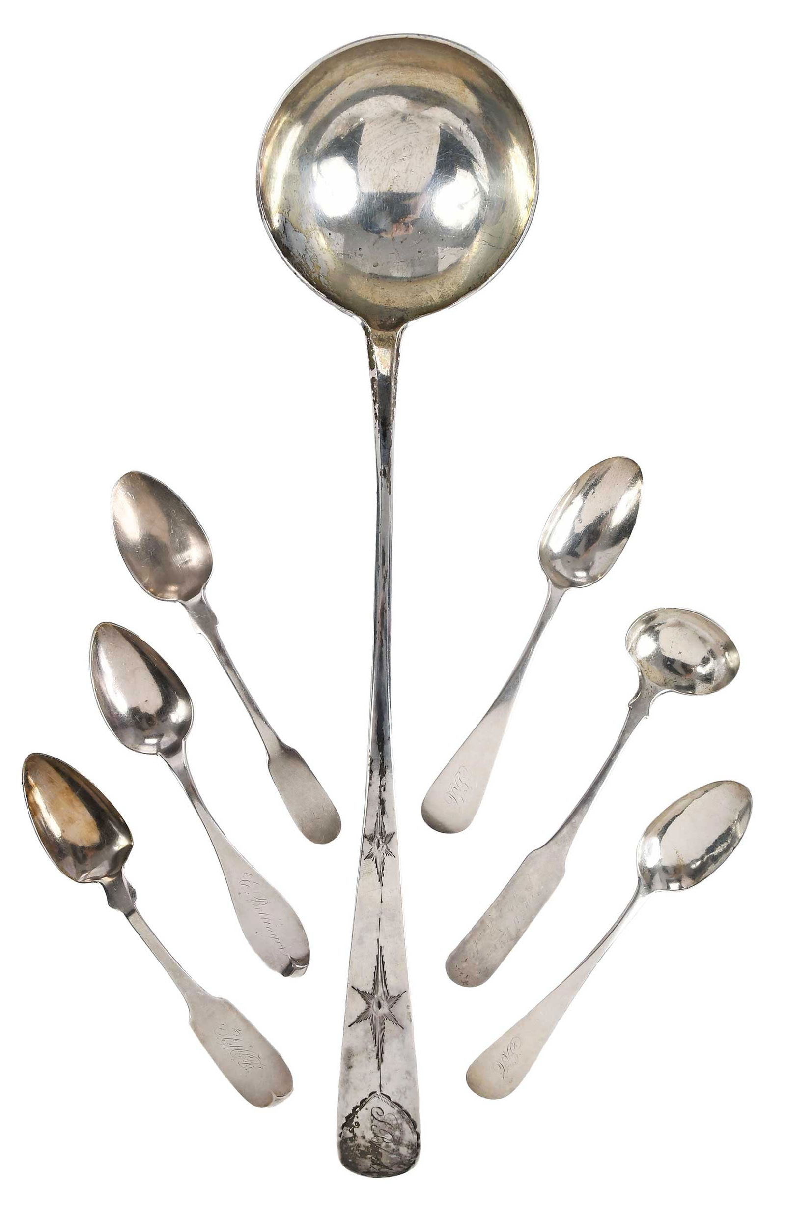 Seven American Coin Silver Spoons and Ladles: 19th century, including large ladle, marks for Robert Wilson (New York, NY, working 1803-1810 and Philadelphia, Pennsylvania, working 1812-1824), small ladle and five teaspoons, most with monograms, 1