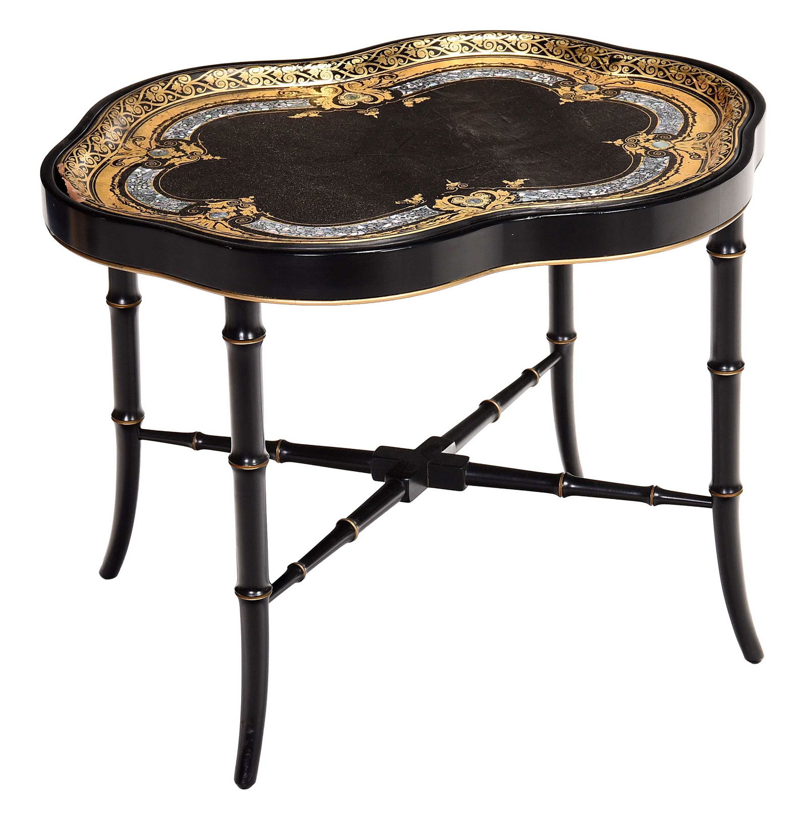 Gilt Decorated and Mother of Pearl Inlaid Paper Mache Tray on Stand (1 of 7)