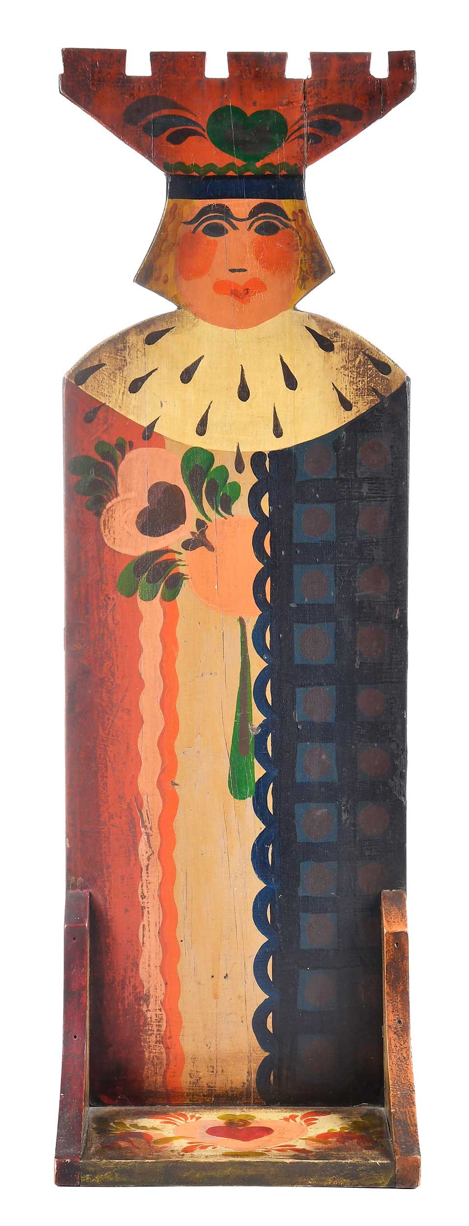 Peter Hunt, 'The King of Hearts' Wall Shelf: (American, 1896-1967), carved and polychrome painted in the form of a king atop protruding shelf, wire at back for suspension, 33-3/4 x 11 x 6-1/4 in. Provenance: Northeast Auctions, Portsmouth, New H