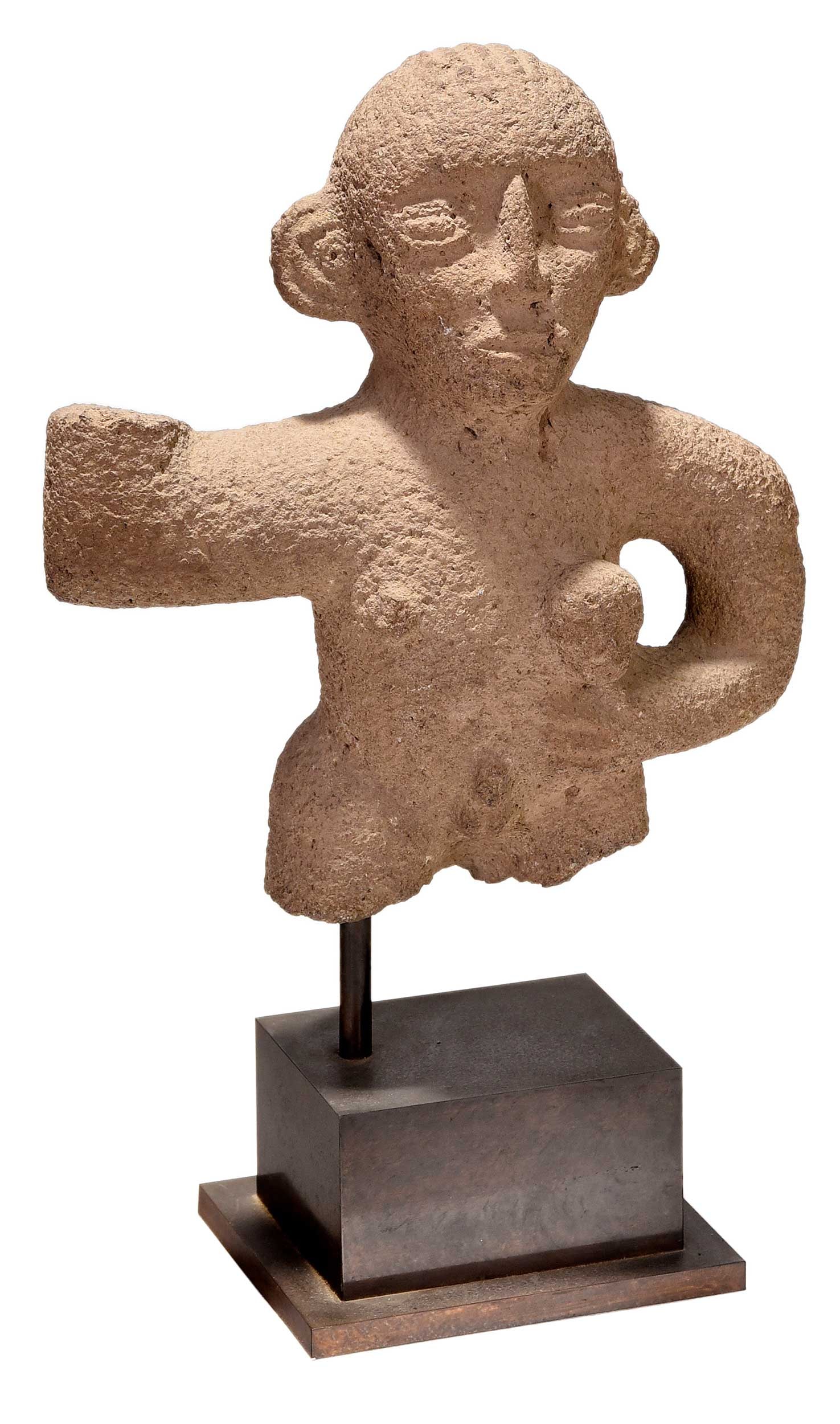 Pre-Columbian Stone Fragment of Man on Stand: Atlantic Watershed, Costa Rica, possibly 700-1,100 CE, volcanic stone on metal base, 19 x 12 x 5-3/4 in. Provenance: New World Antiquities, San Francisco, purchased 1987; DC Forbes Collection