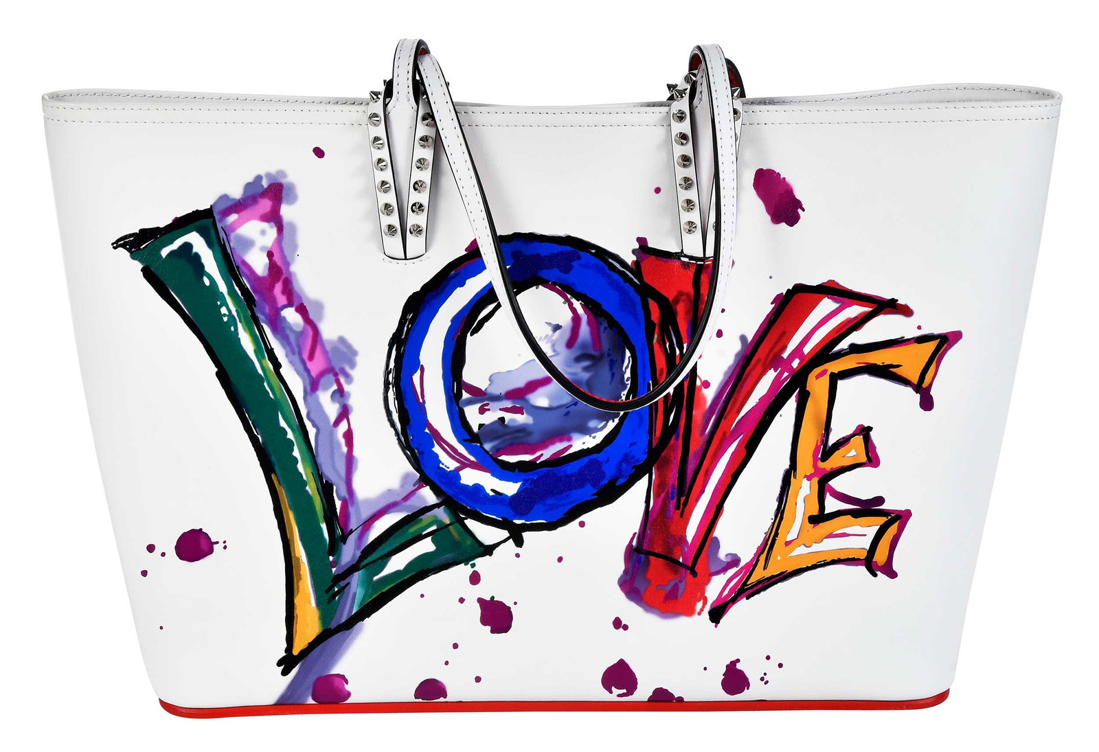 Christian Louboutin Cabata Love Tote Bag with Matching Wallet: France/Italy, each white and red leather with silver tone hardware and studs, attached wallet/pochette, bag 11-3/4 x 18-3/4 x 5-5/8 in., handle drop 8-3/8 in., wallet 6-3/4 x 9 in., with original dust